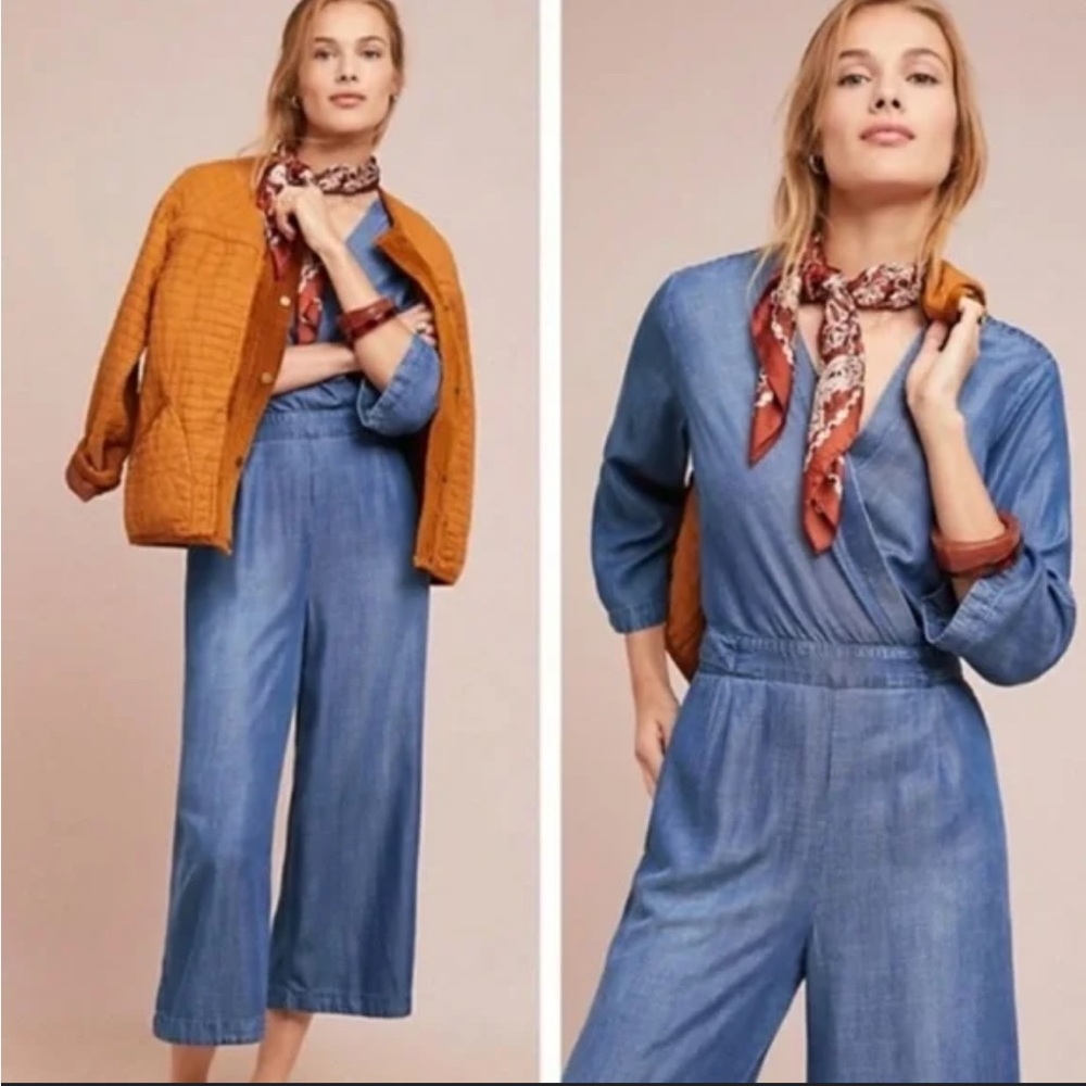 Cloth & Stone Anthropologie Surplice Chambray Jumpsuit Lyocell